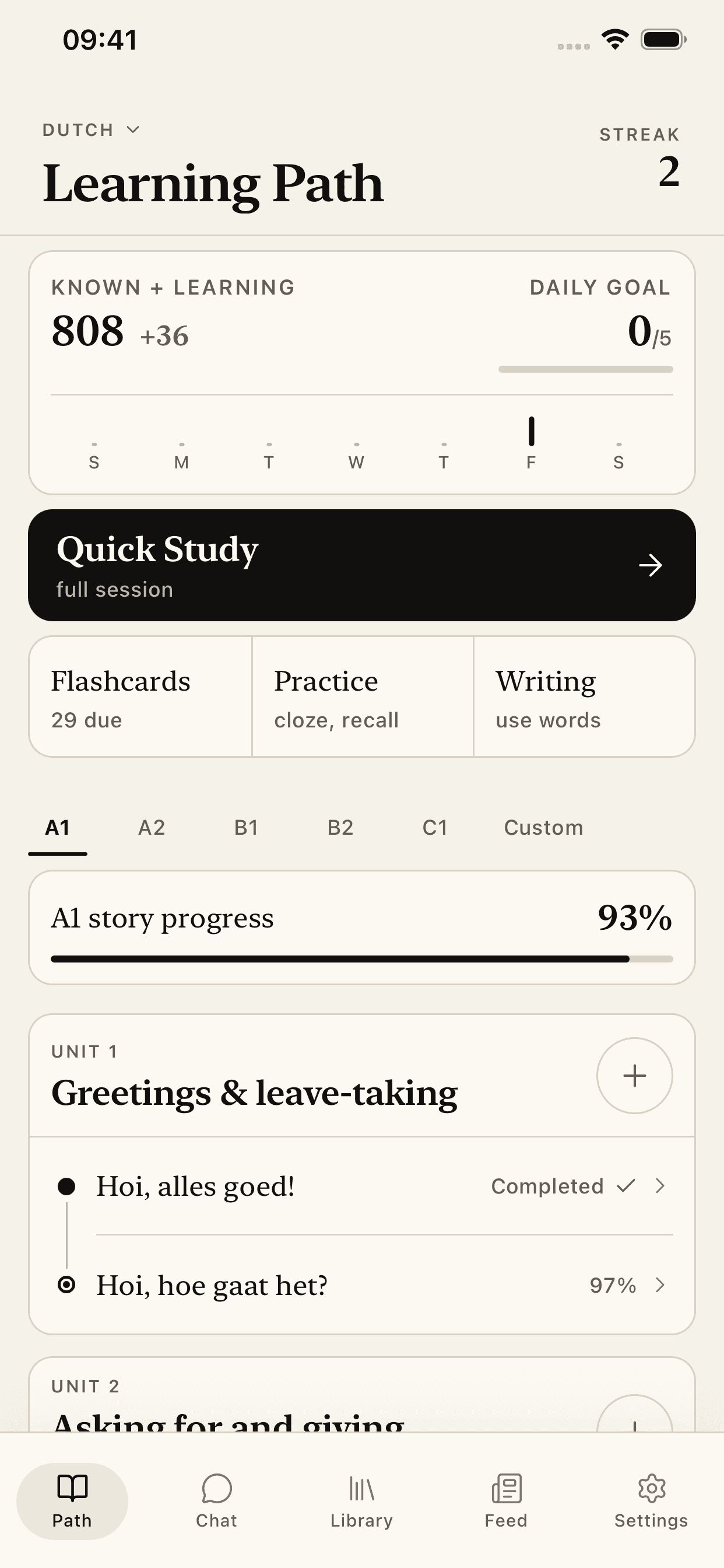 Kotoba iOS Learning Path dashboard showing progress, study modes, and lesson units
