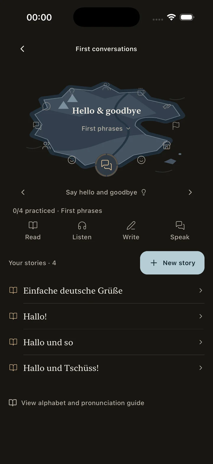 A Kotoba topic with four practice activities, saved stories, and a New story button